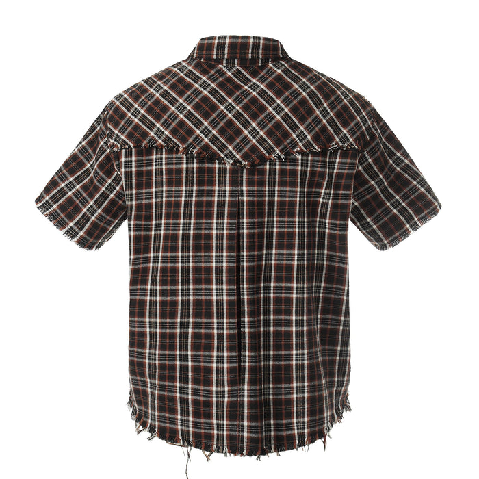 Distressed plaid short sleeve shirt with raw edge hems in brown, black, and white streetwear style