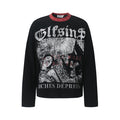 Black long sleeve graphic tee with distressed Glfsins gothic print and studded red ribbed crew neck collar, front view