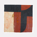 The artwork 'Black on Buff and Rust III' by Diane Englander features geometric abstract shapes in contrasting colors: deep black, warm rust, and soft buff. The composition combines bold vertical blocks with curved elements, created using acrylic and paper on reused cardboard, showcasing a textural interplay between smooth and rough surfaces, measuring 30 x 31.5 inches.