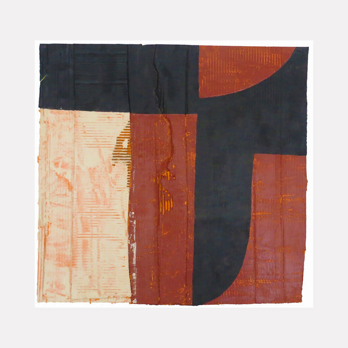 The artwork 'Black on Buff and Rust III' by Diane Englander features geometric abstract shapes in contrasting colors: deep black, warm rust, and soft buff. The composition combines bold vertical blocks with curved elements, created using acrylic and paper on reused cardboard, showcasing a textural interplay between smooth and rough surfaces, measuring 30 x 31.5 inches.