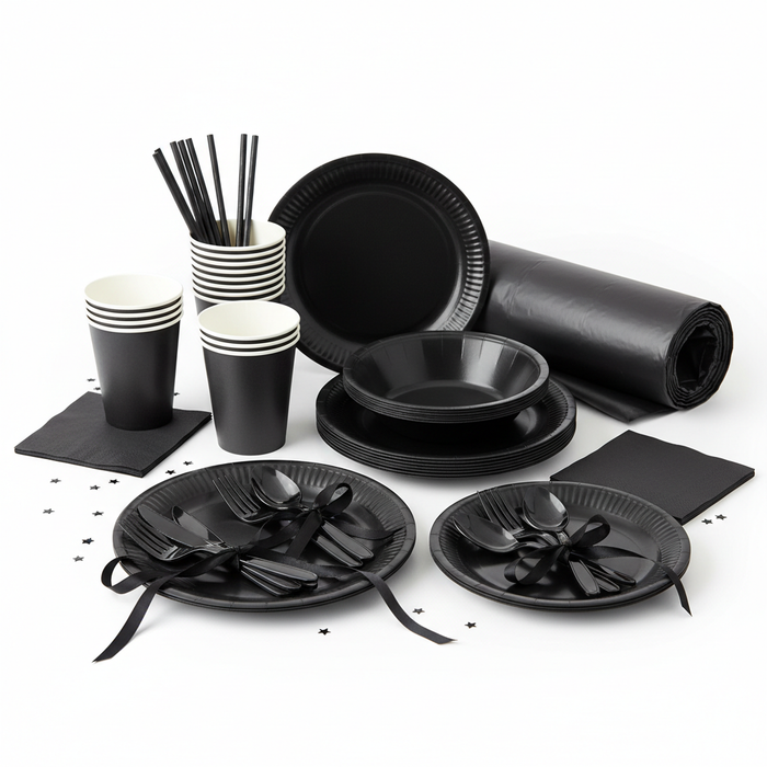 Ultimate black tableware party bundle for 24 guests - complete premium party set