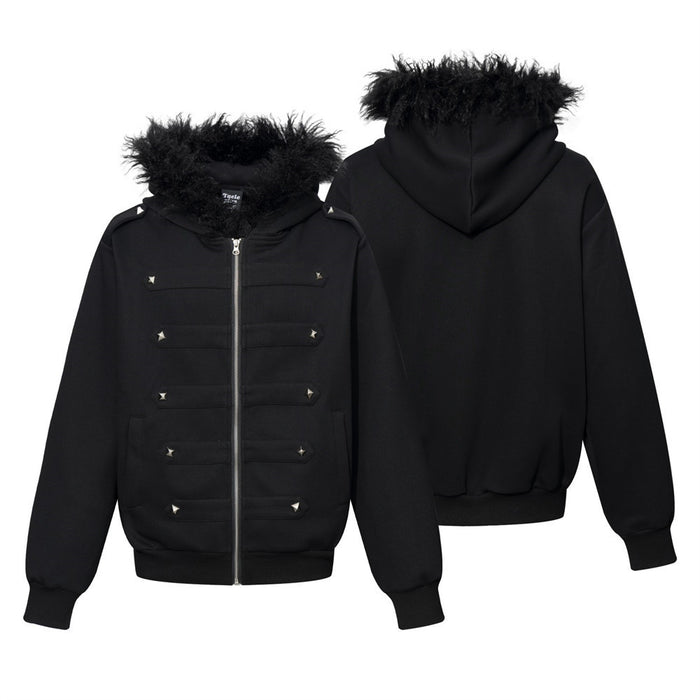 Black Zip-Up Hoodie with Faux Fur Collar and Metal Stud Detail