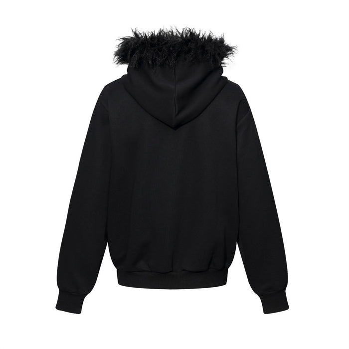 Black Zip-Up Hoodie with Faux Fur Collar and Metal Stud Detail
