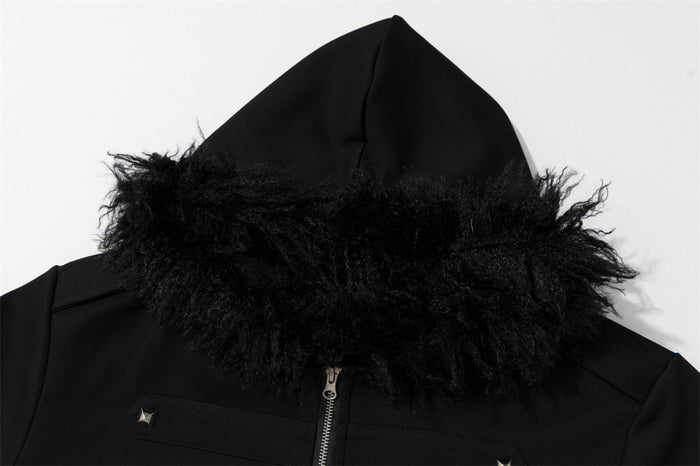 Black Zip-Up Hoodie with Faux Fur Collar and Metal Stud Detail