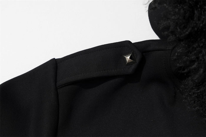 Black Zip-Up Hoodie with Faux Fur Collar and Metal Stud Detail