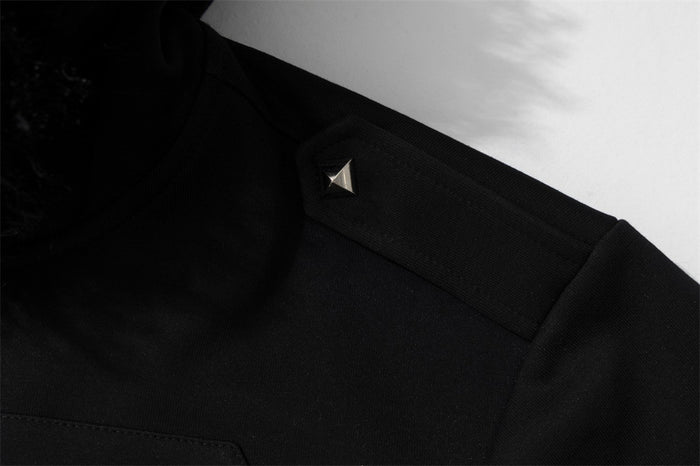 Black Zip-Up Hoodie with Faux Fur Collar and Metal Stud Detail
