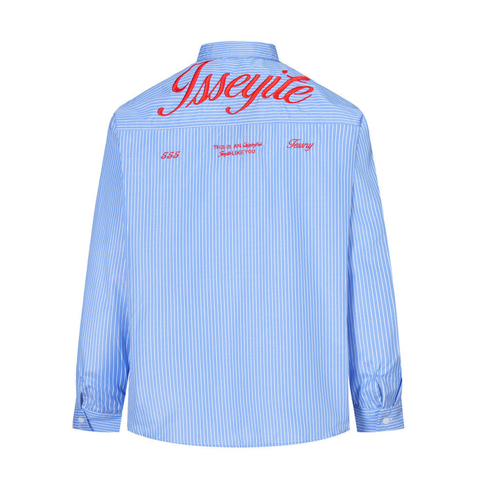 Back view of a blue striped long sleeve shirt with red embroidered lettering across the shoulders