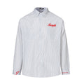Front view of a white striped long sleeve shirt with red embroidered chest lettering