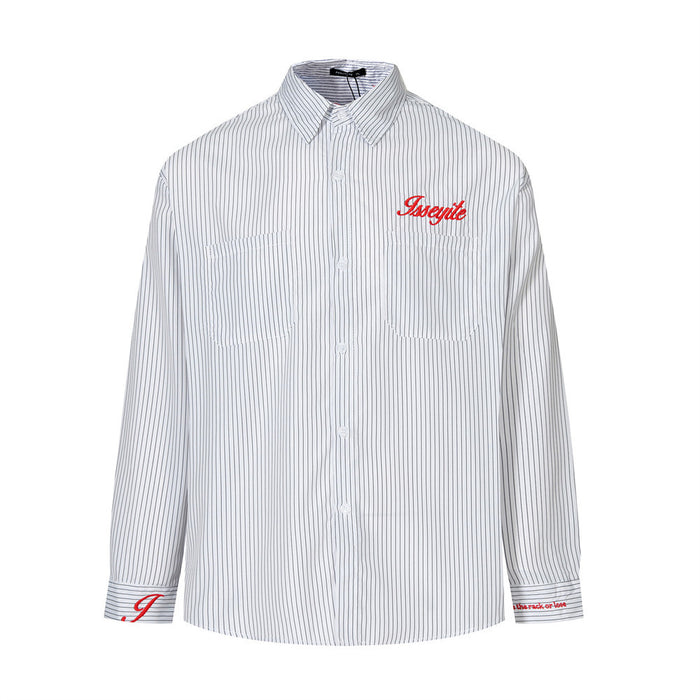 Front view of a white striped long sleeve shirt with red embroidered chest lettering