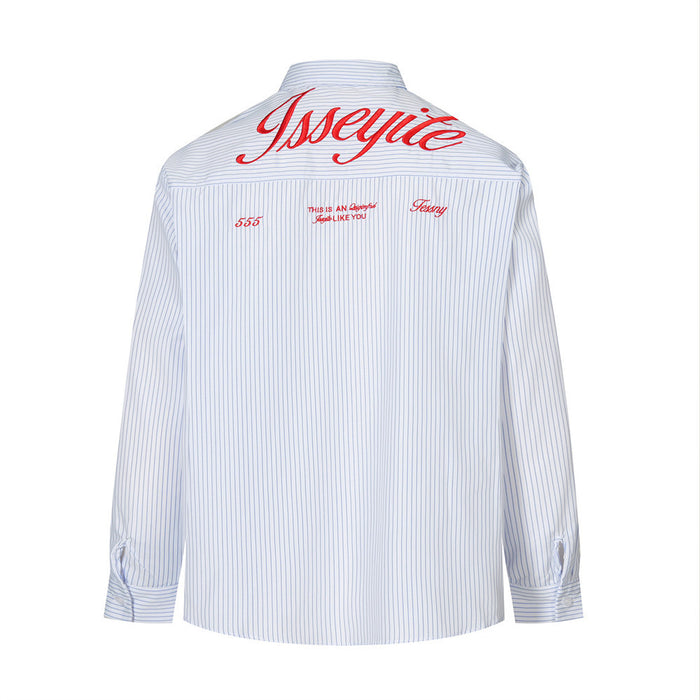 Back view of a light blue striped long sleeve shirt with red lettering across the shoulders