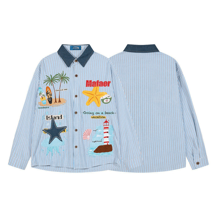 Blue-and-white striped button-down shirt shown front and back, with dark denim collar and beach-themed embroidery