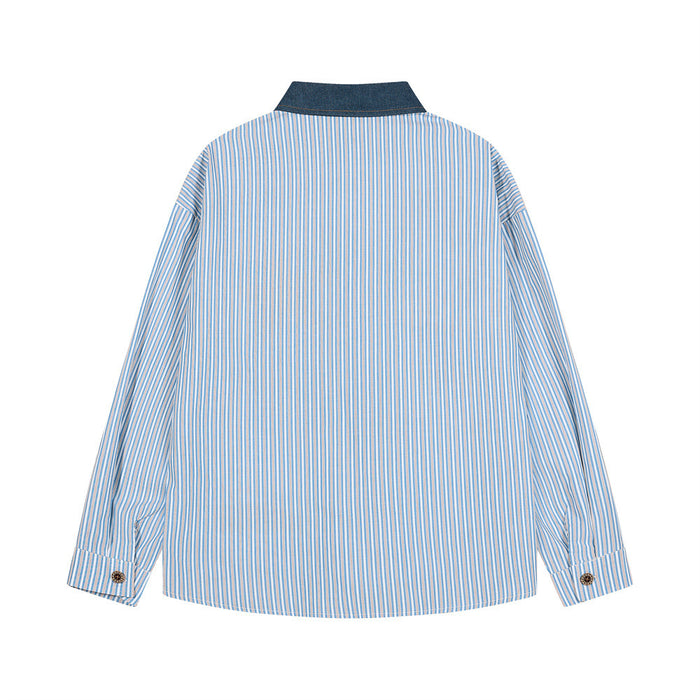 Back view of a blue-and-white striped long-sleeve shirt with a dark denim collar and buttoned cuffs