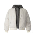 Padded bomber jacket with attached hooded fleece inner layer in off-white and black colorways, shown front and back