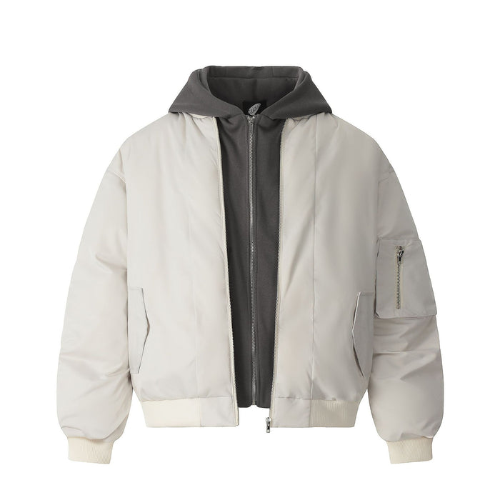 Padded bomber jacket with attached hooded fleece inner layer in off-white and black colorways, shown front and back