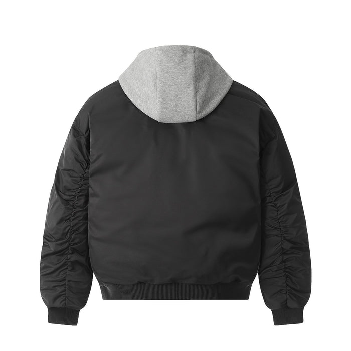 Black padded bomber jacket shown from the back with a light gray hood and ribbed hem and cuffs