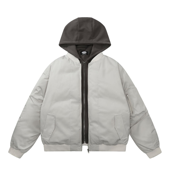 Cream padded bomber jacket shown front-facing with a raised dark gray hood, zip closure, and front pockets