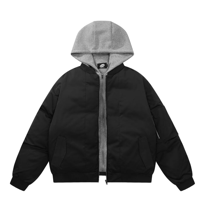 Black padded bomber jacket shown front-facing with a raised light gray hood, front pockets, and zipper