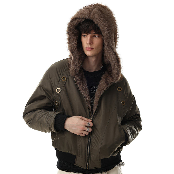 Men's padded bomber jacket with faux fur-trimmed hood and gold eyelet detailing in army olive