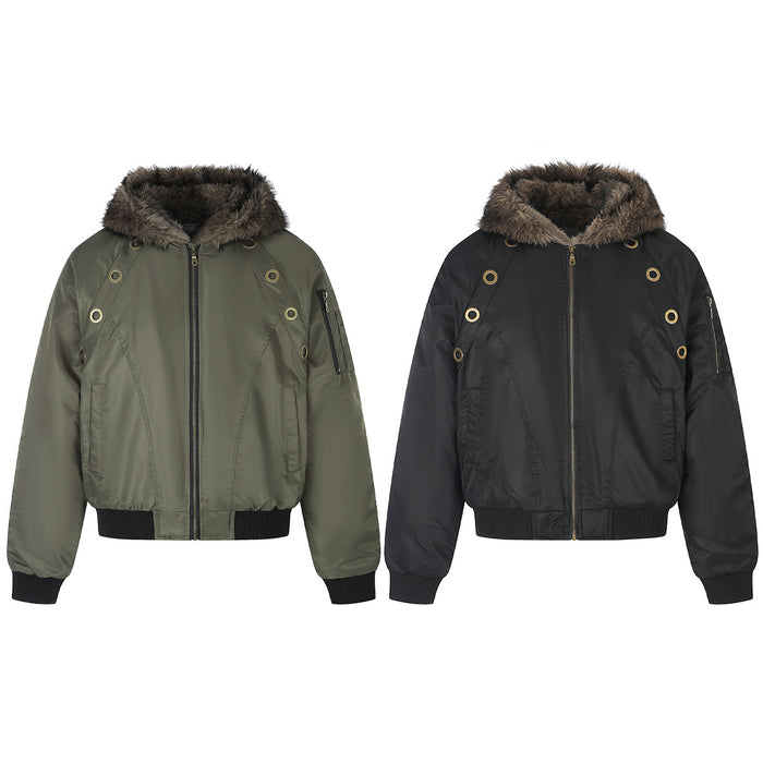 Olive green and black hooded bomber jackets with brown faux fur collars, front zippers, gold eyelets and ribbed cuffs