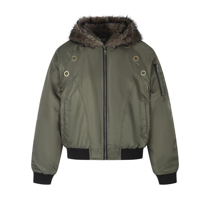 Front view of an olive green hooded bomber jacket with brown faux fur collar, gold eyelets, zippered sleeve pocket and ribbed cuffs