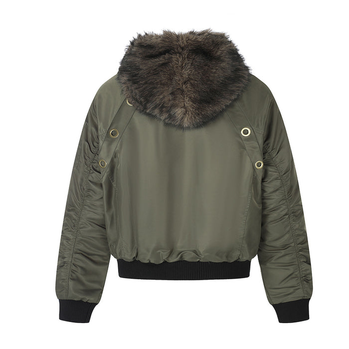 Back view of an olive green bomber jacket showing the brown faux fur hood collar and black ribbed waistband