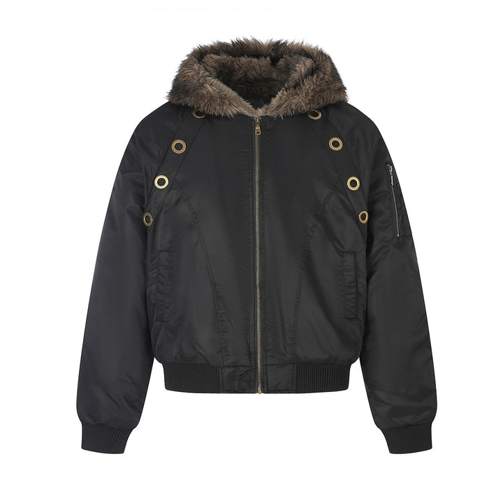 Front view of a black hooded bomber jacket with brown faux fur collar, gold eyelets, front pockets and ribbed cuffs