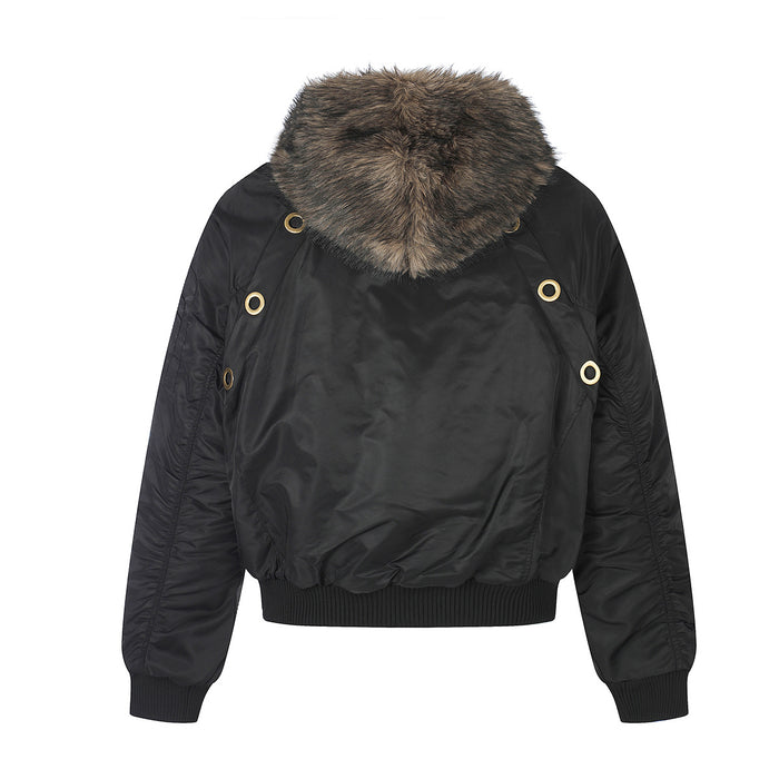Back view of a black bomber jacket with brown faux fur hood collar, gold eyelets and black ribbed waistband