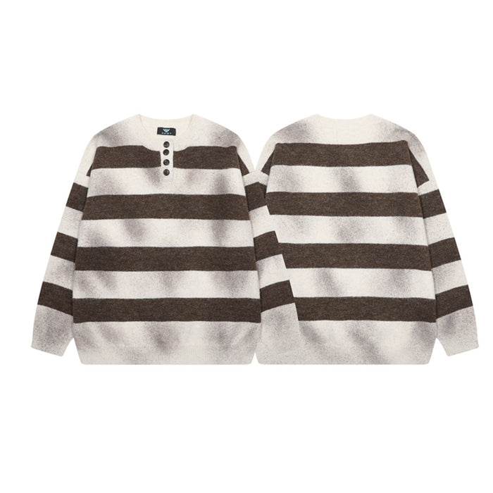 Brown and cream striped knit sweater shown front and back side by side with long sleeves