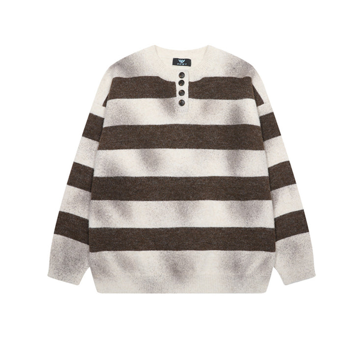 Front view of a brown and cream striped knit pullover with Henley neckline and four buttons
