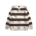 Front view of a brown and cream striped knit pullover with Henley neckline and four buttons