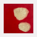 The artwork 'Buff Form on Red' by Diane Englander features two organic, irregular buff-colored shapes set against a vibrant red background. The abstract composition shows textured, cream-colored forms created with papers and acrylic, displaying subtle variations in tone and rough edges, creating a striking contrast on the 20x20 inch canvas. By Diane Englander.