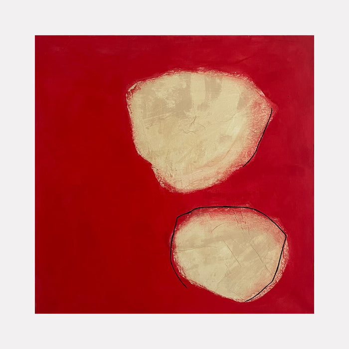 The artwork 'Buff Form on Red' by Diane Englander features two organic, irregular buff-colored shapes set against a vibrant red background. The abstract composition shows textured, cream-colored forms created with papers and acrylic, displaying subtle variations in tone and rough edges, creating a striking contrast on the 20x20 inch canvas. By Diane Englander.