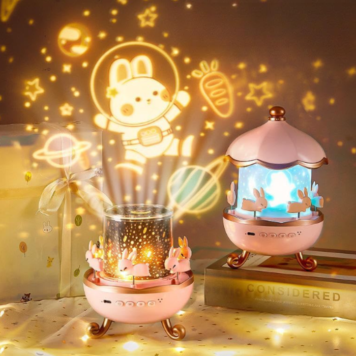 Bunny Carousel Night Lamp – Kids Star Projector with 5 Random Films & Color-Changing LED (with USB cable)