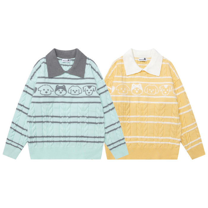 Front view of mint and yellow cable-knit polo sweaters with gray stripes and cartoon dog bands