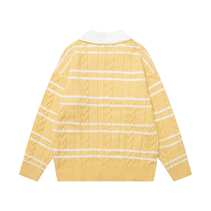 Back view of the yellow cable-knit polo sweater with white horizontal stripes and ribbed collar