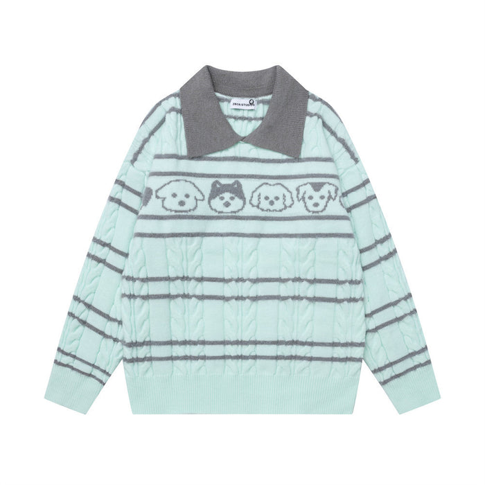 Front view of the mint cable-knit polo sweater with gray stripes, dark collar, and cartoon dog band