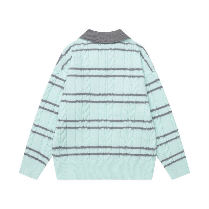 Back view of the mint cable-knit polo sweater with gray horizontal stripes and ribbed dark collar