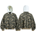 Camo hooded bomber jacket shown from the front and back with a contrasting light hood and ribbed trim