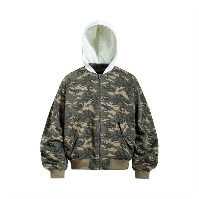 Men's oversized camouflage bomber jacket with contrast light grey hood, full-zip front, and pleated sleeves, shown front and
