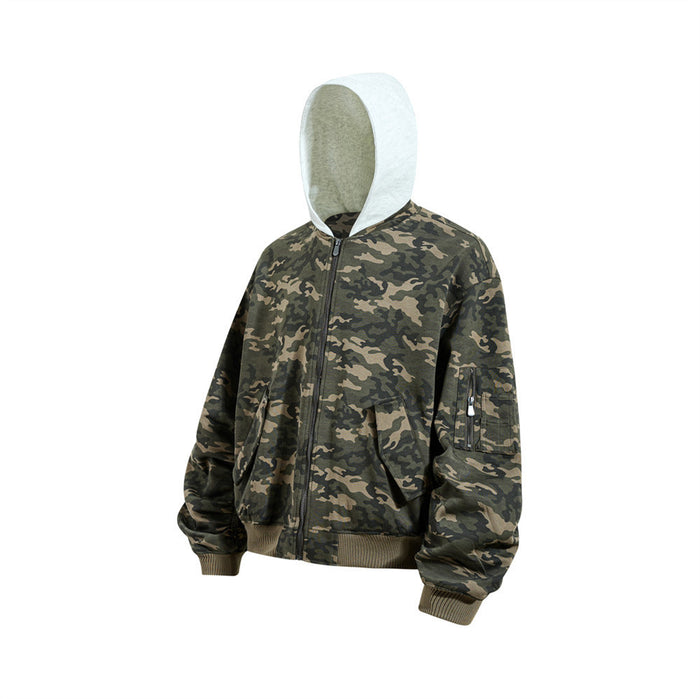 Three-quarter front view of a green and brown camouflage bomber jacket with a contrasting light hood