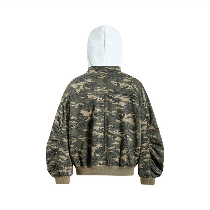 Back view of a camouflage hooded bomber jacket with a light hood, gathered sleeves, and ribbed hem