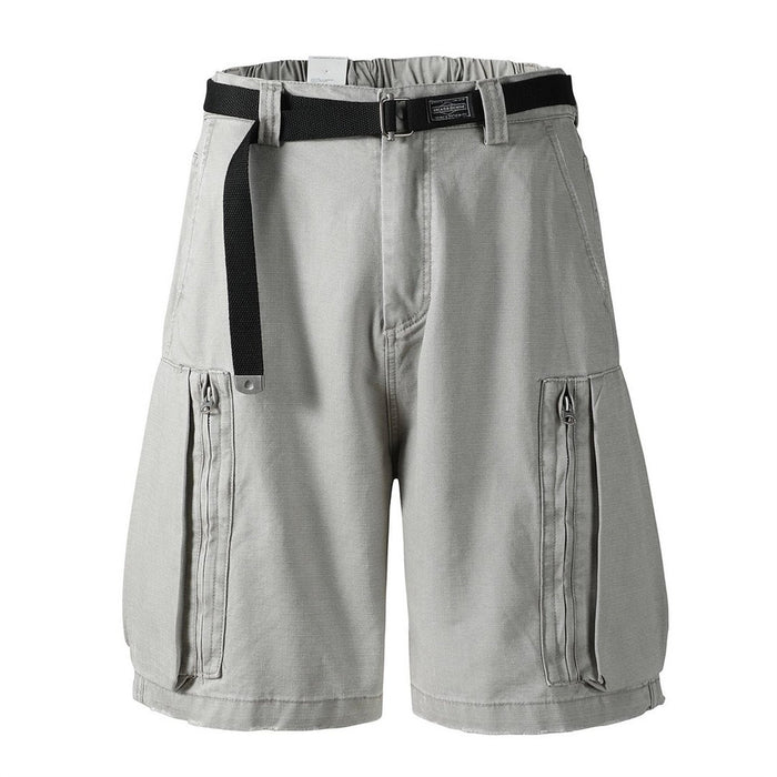 Men's belted cargo shorts in light grey with zip cargo pockets and webbing belt, straight-leg knee-length cut
