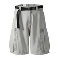 Men's belted cargo shorts in light grey with zip cargo pockets and webbing belt, straight-leg knee-length cut