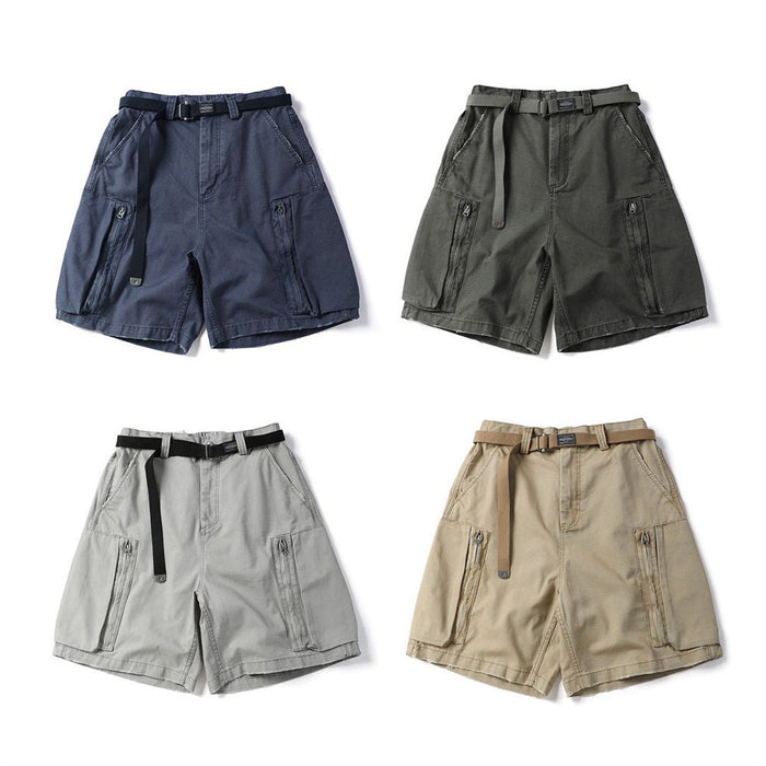 Four pairs of belted cargo shorts in navy, olive, gray, and khaki with zip pockets