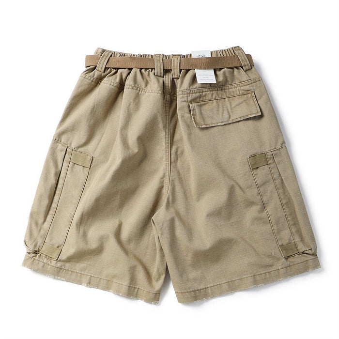 Back view of khaki cargo shorts with elastic waistband and flap back pocket