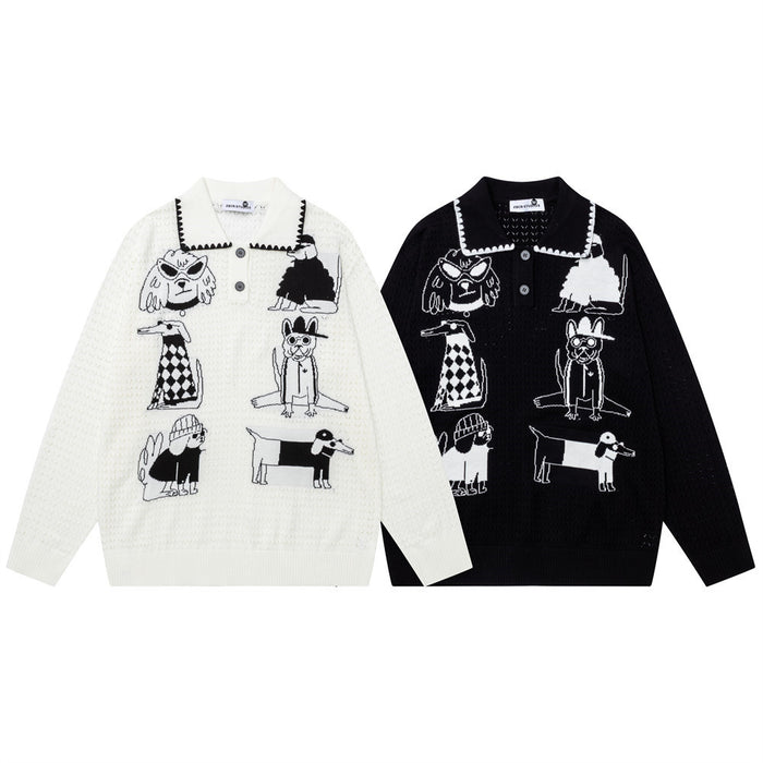 Front view of cream and black jacquard knit pullover sweaters with polo collars and cartoon dog graphics