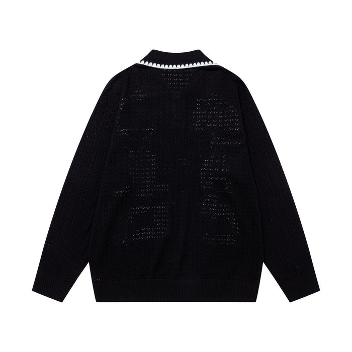 Back view of the black jacquard knit pullover sweater with long sleeves and a contrasting collar edge