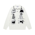 Front view of a cream jacquard knit pullover sweater with six cartoon dog graphics and a polo collar