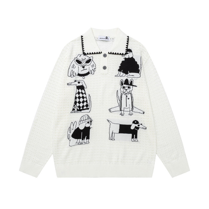 Front view of a cream jacquard knit pullover sweater with six cartoon dog graphics and a polo collar