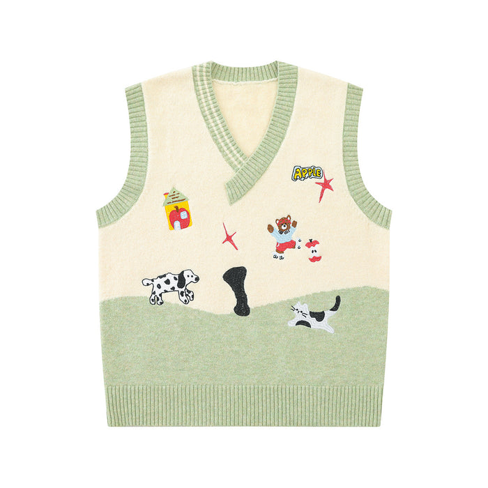 Cartoon embroidered V-neck colorblock knit sweater vest in sage green with Dalmatian, bear, and cat motifs on cream and green